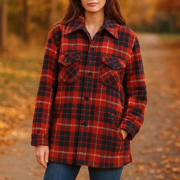 Vintage 1970s Sears Plaid Wool Coat Red & Navy Check Lumberjack Jacket - Picture 1 of 8